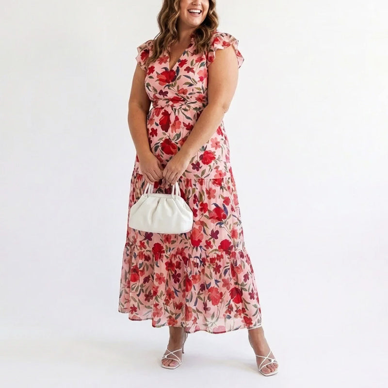Sarah | Damen Elegant Rüschenärmeln Geblümtes Kleid