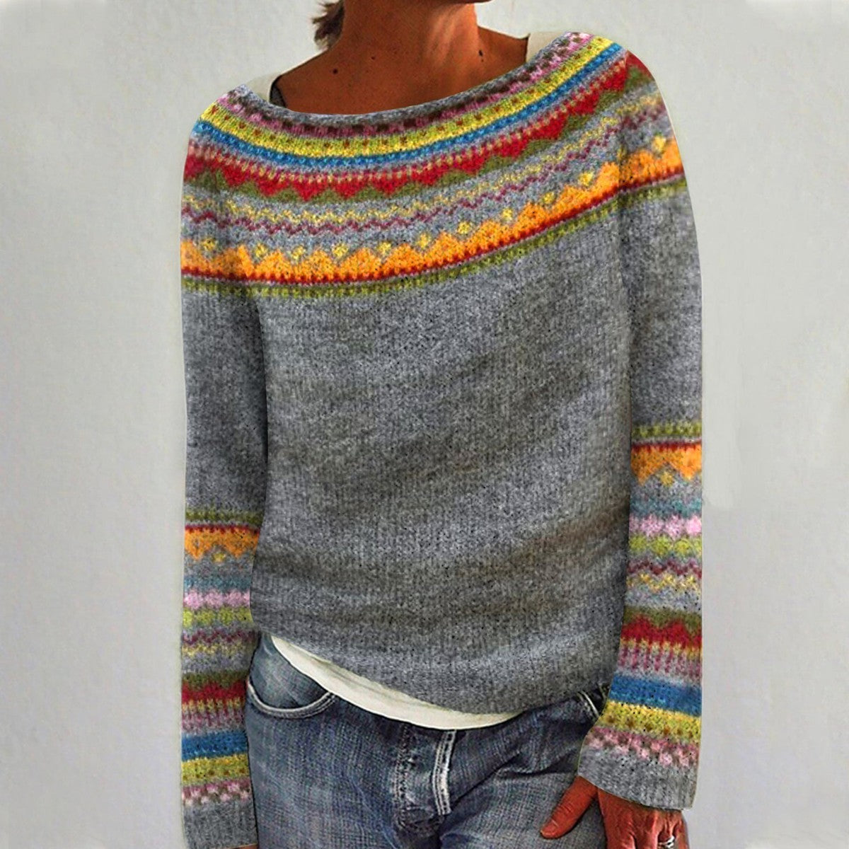 Claudia | Damen Farbenfroh Gemusterter Rundhals-Strickpullover