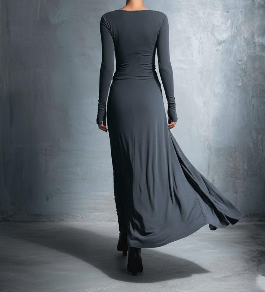 Laura | Damen Elegant Drapiertes Langarm Maxikleid