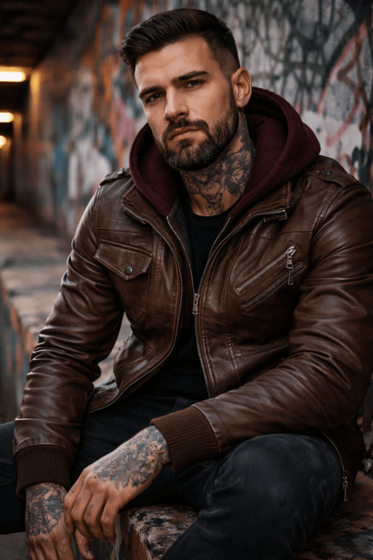 Emil | Herren Klassiker Leder Jacke mit Kapuze