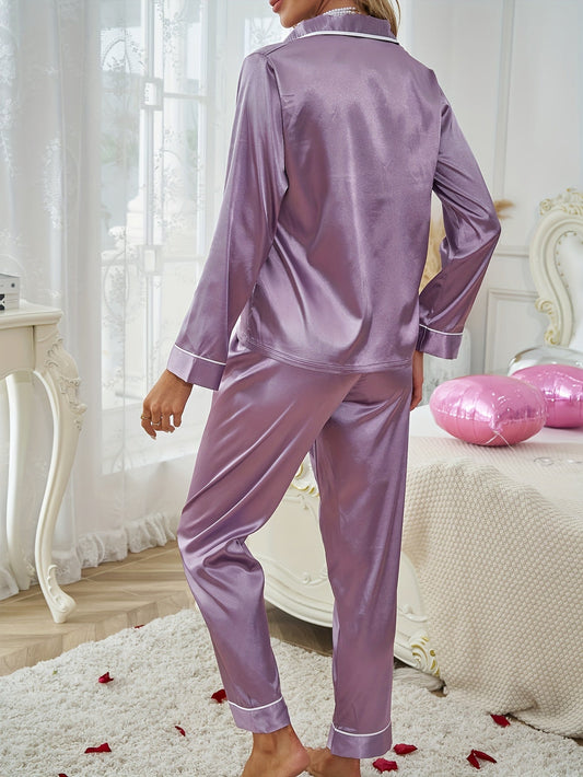 Karin | Damen Glänzendes Langärmliges Pyjama-Set mit Knopfleiste