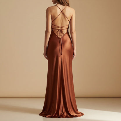 Damen Elegant Spaghettiträger Satin Abendkleid