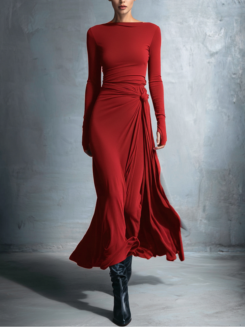 Laura | Damen Elegant Drapiertes Langarm Maxikleid