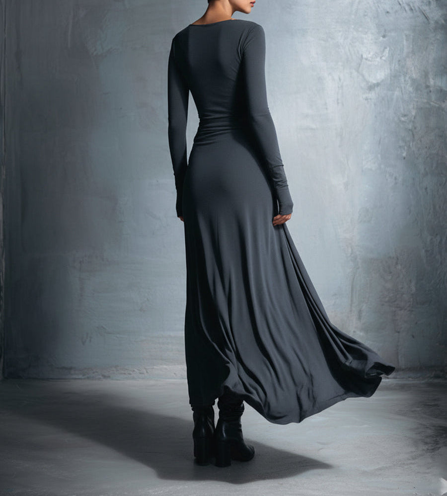 Laura | Damen Elegant Drapiertes Langarm Maxikleid