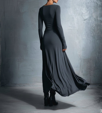 Laura | Damen Elegant Drapiertes Langarm Maxikleid