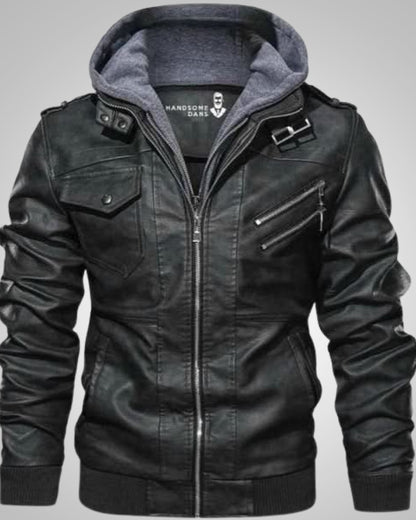 Stefan | Herren Klassische Biker Lederjacke mit Kapuze