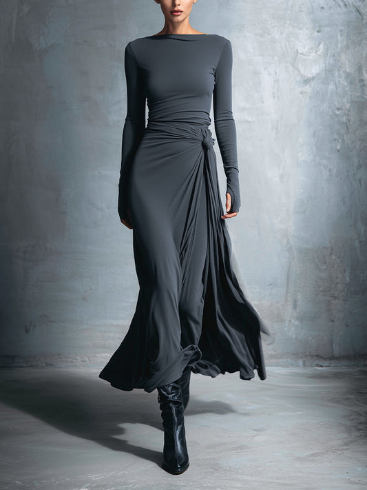 Laura | Damen Elegant Drapiertes Langarm Maxikleid