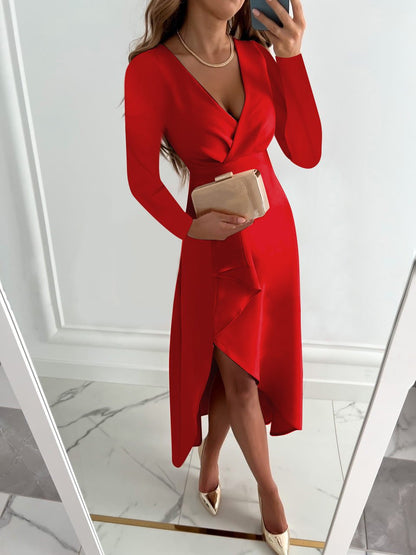 Damen Elegantes Taillierter V-Ausschnitt Midikleid