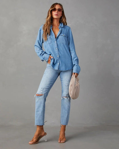Damen Oversized Brusttaschen Denim Bluse