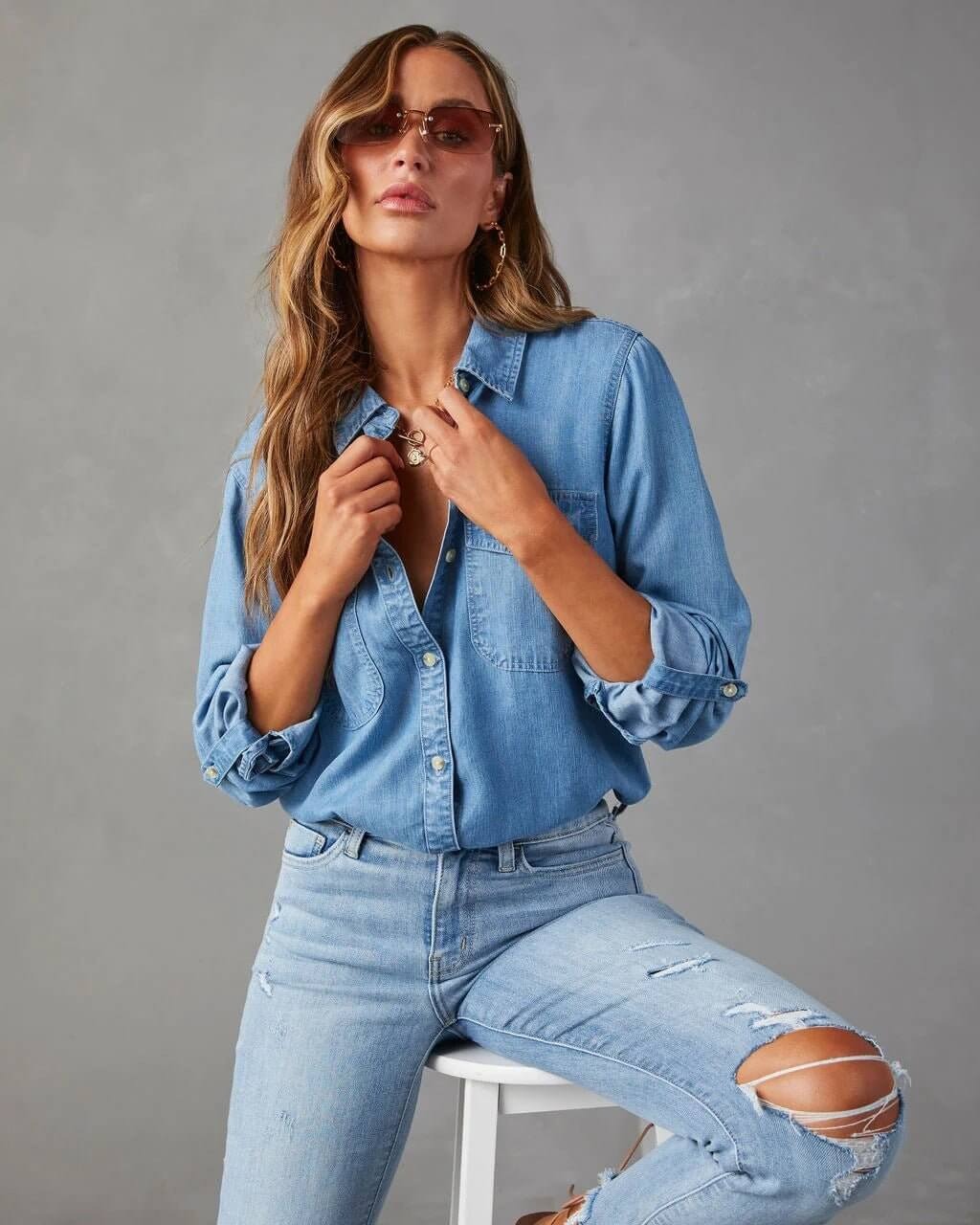 Damen Oversized Brusttaschen Denim Bluse