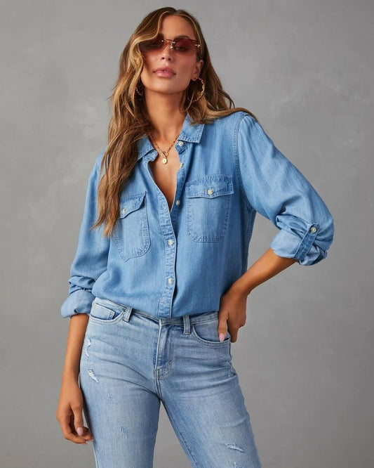 Damen Oversized Brusttaschen Denim Bluse