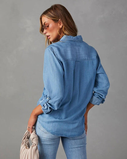 Damen Oversized Brusttaschen Denim Bluse