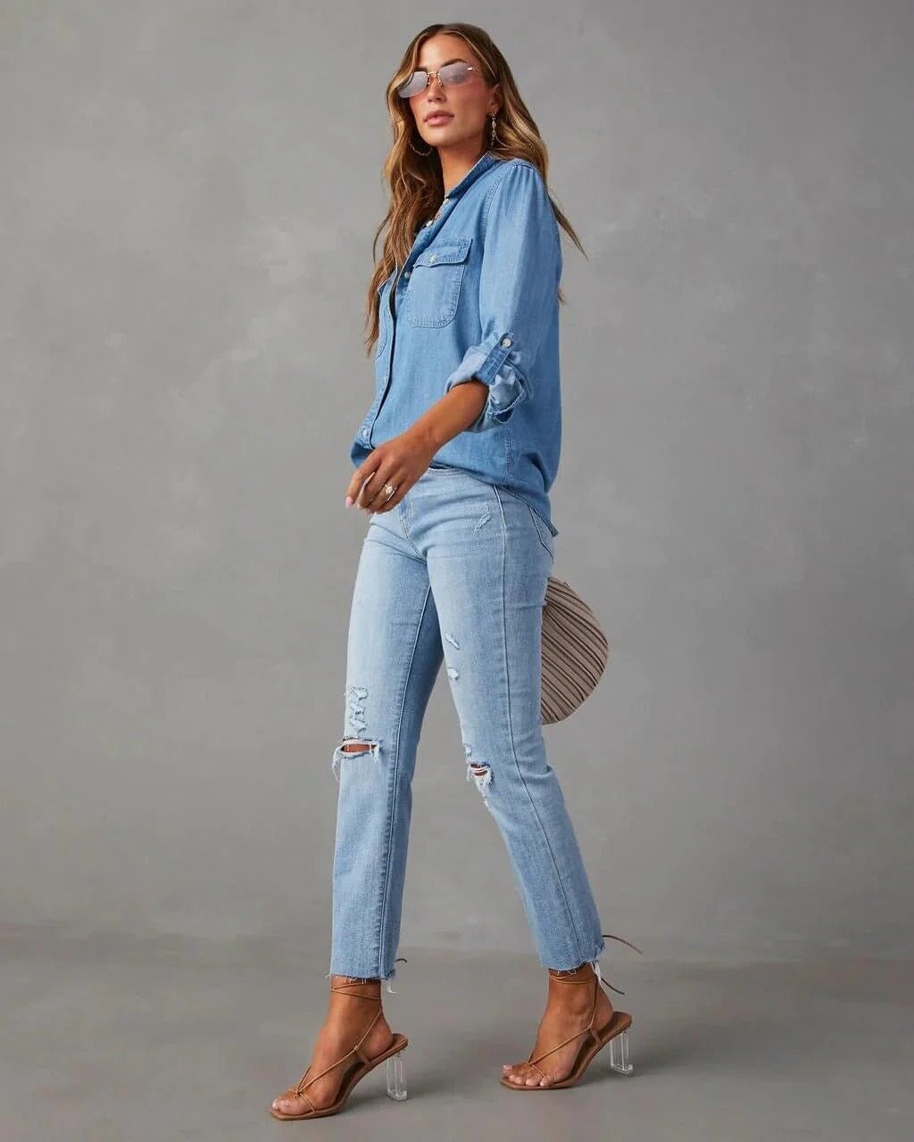 Damen Oversized Brusttaschen Denim Bluse