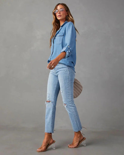 Damen Oversized Brusttaschen Denim Bluse