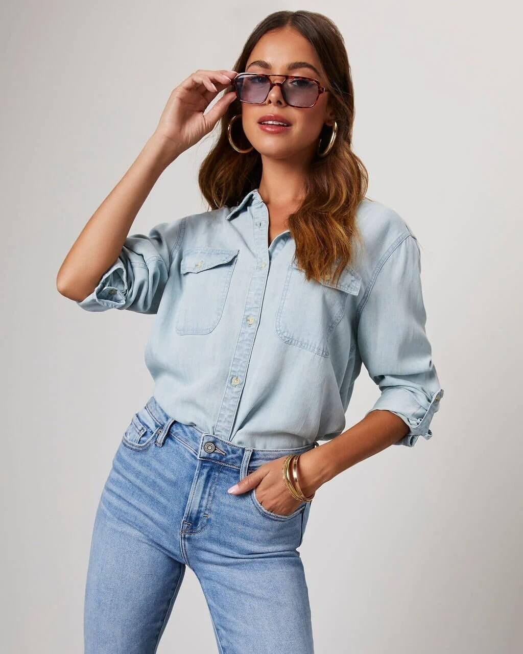 Damen Oversized Brusttaschen Denim Bluse