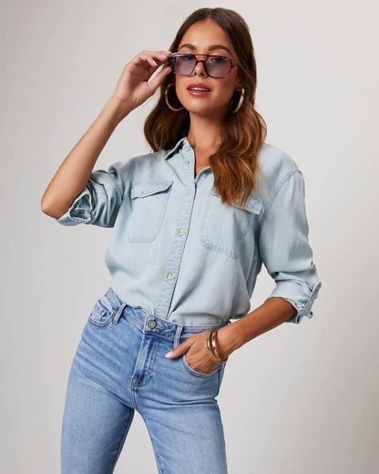 Damen Oversized Brusttaschen Denim Bluse
