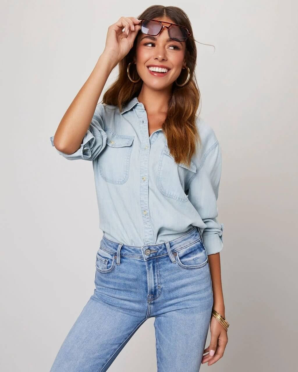 Damen Oversized Brusttaschen Denim Bluse