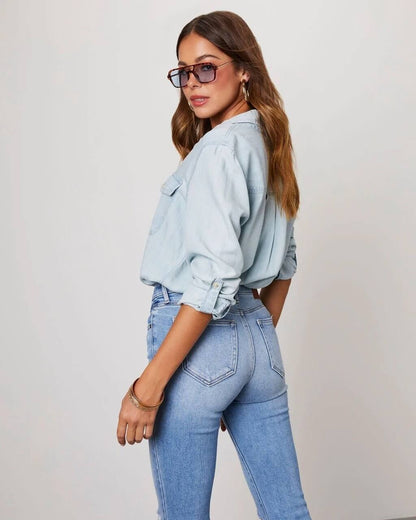 Damen Oversized Brusttaschen Denim Bluse