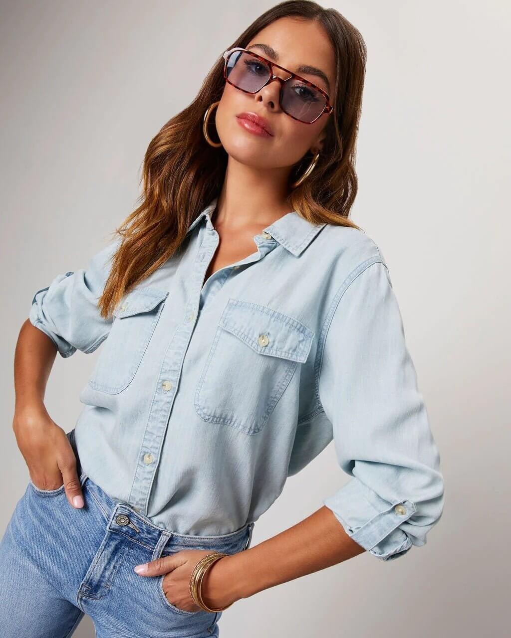 Damen Oversized Brusttaschen Denim Bluse