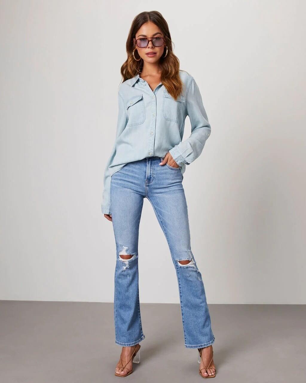 Damen Oversized Brusttaschen Denim Bluse