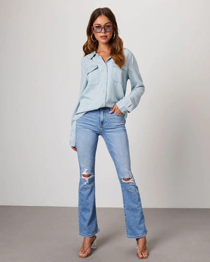 Damen Oversized Brusttaschen Denim Bluse