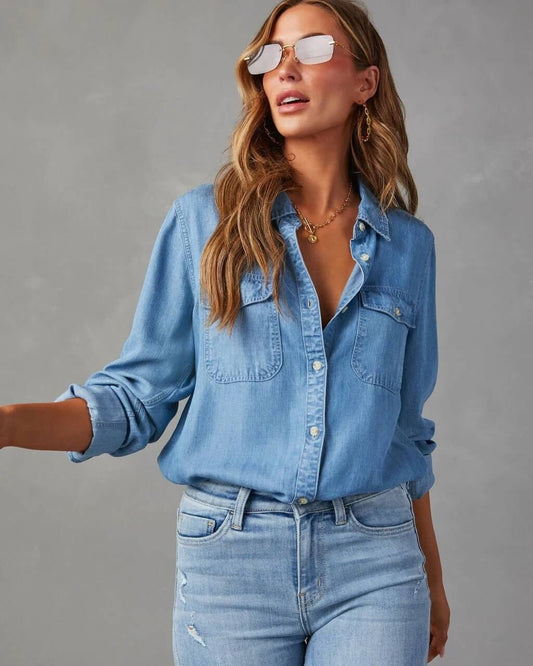 Damen Oversized Brusttaschen Denim Bluse
