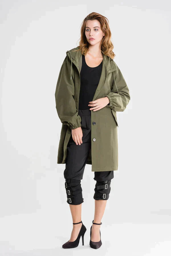 Wiebke | Damen Lässig Knopfverschluss Lange Regenjacke