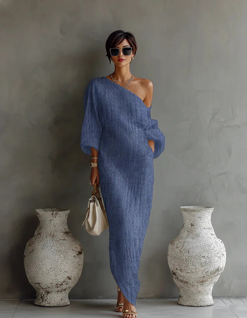 Joëlle | Damen Leinen Sommerkleid Mit One-Shoulder Design