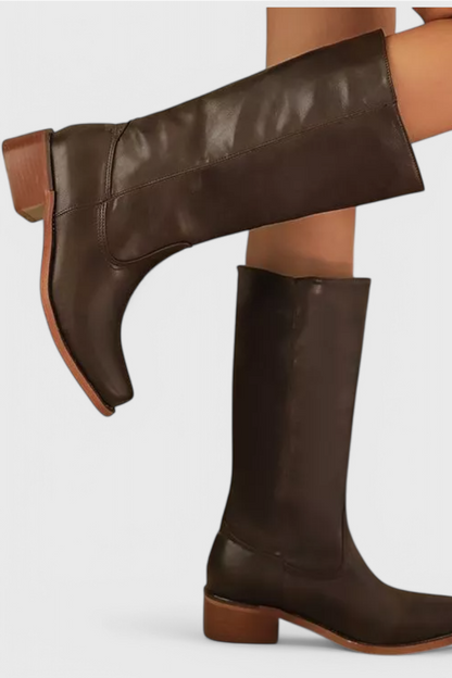 Selina | Damen Knielange Leder Stiefel mit Niedriger Absatz