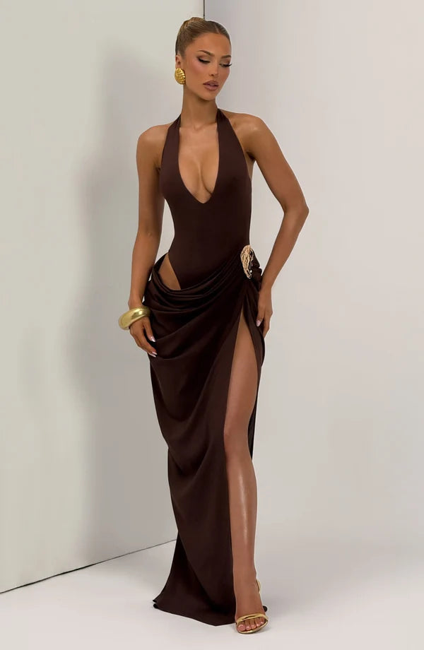 Stefanie | Damen Figurbetontes Drapiertes Abendkleid mit Beinschlitz
