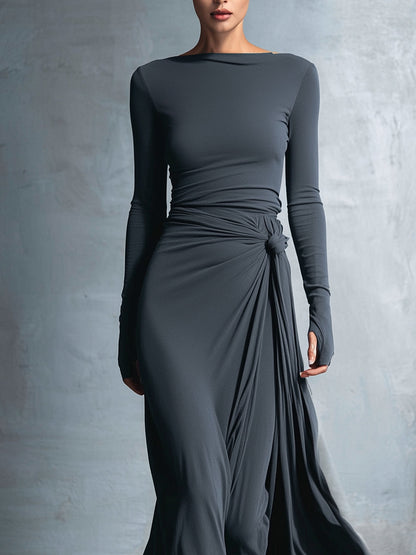 Laura | Damen Elegant Drapiertes Langarm Maxikleid