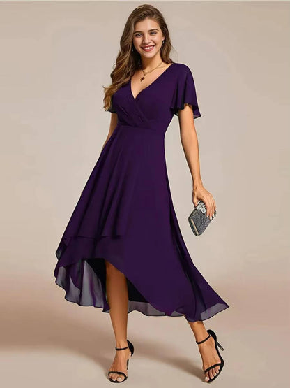 Damen Herbst Asymmetrisch Hochzeitsgast Midikleid