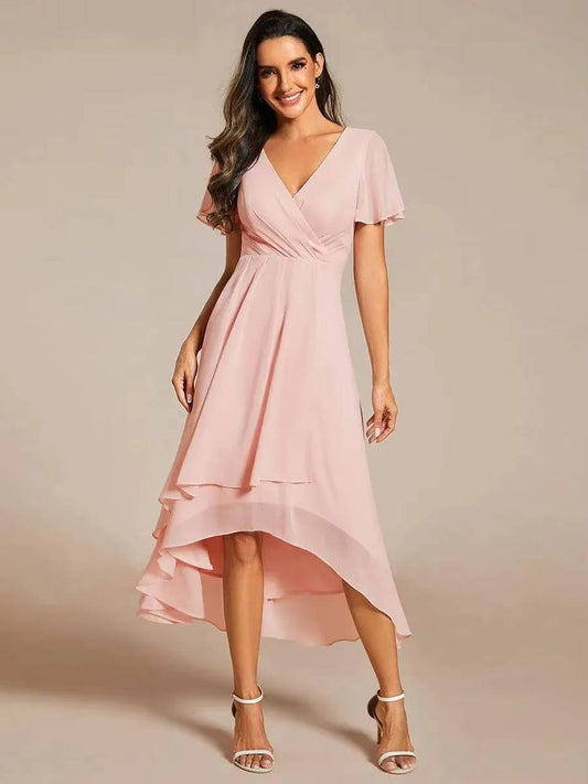 Damen Herbst Asymmetrisch Hochzeitsgast Midikleid