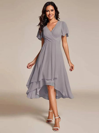 Damen Herbst Asymmetrisch Hochzeitsgast Midikleid