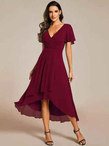 Damen Herbst Asymmetrisch Hochzeitsgast Midikleid