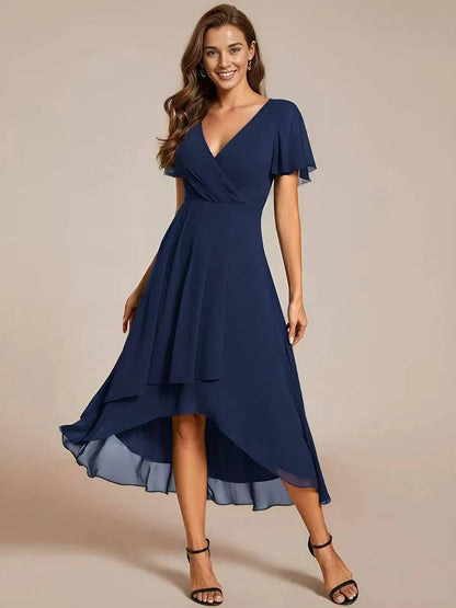 Damen Herbst Asymmetrisch Hochzeitsgast Midikleid