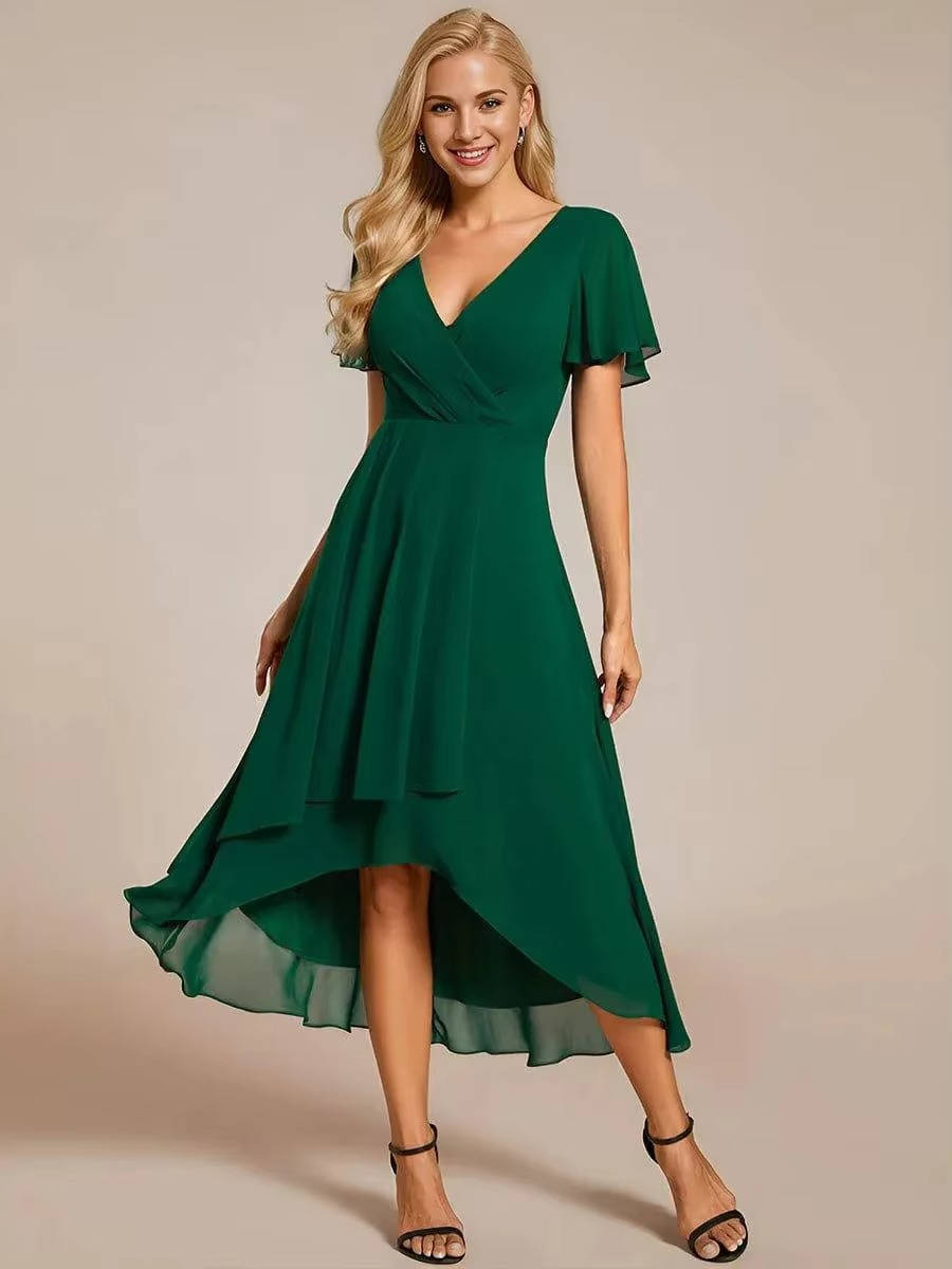 Damen Herbst Asymmetrisch Hochzeitsgast Midikleid