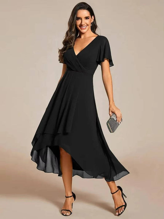 Damen Herbst Asymmetrisch Hochzeitsgast Midikleid