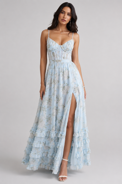Ella | Damen Romantisches Beinschlitz Blumen Maxikleid