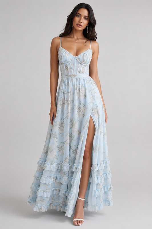 Ella | Damen Romantisches Beinschlitz Blumen Maxikleid