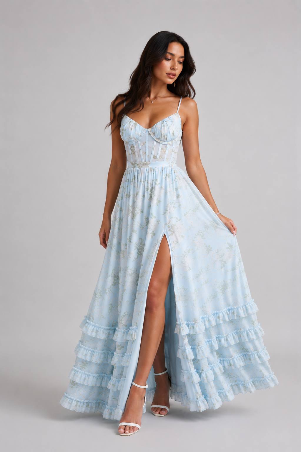Ella | Damen Romantisches Beinschlitz Blumen Maxikleid