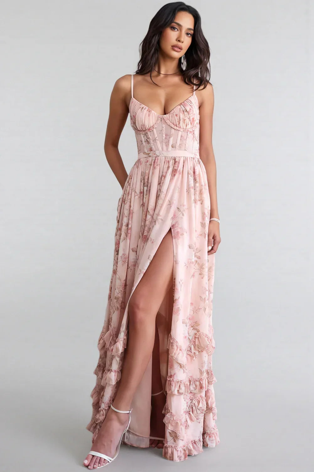 Ella | Damen Romantisches Beinschlitz Blumen Maxikleid