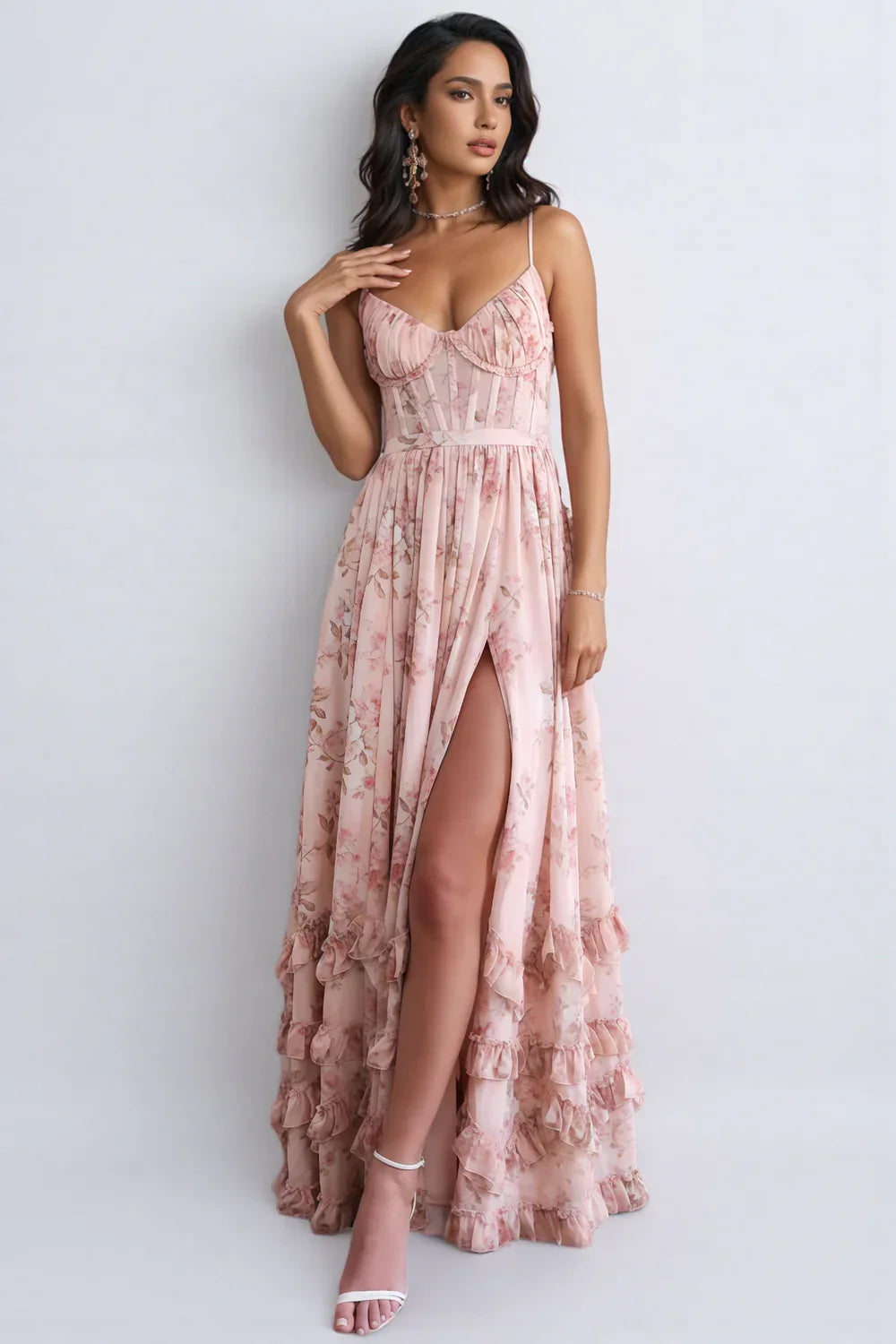 Ella | Damen Romantisches Beinschlitz Blumen Maxikleid