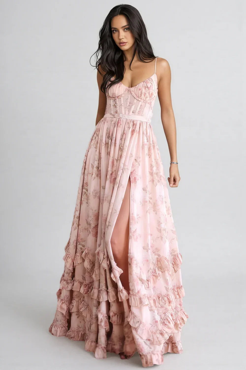 Ella | Damen Romantisches Beinschlitz Blumen Maxikleid