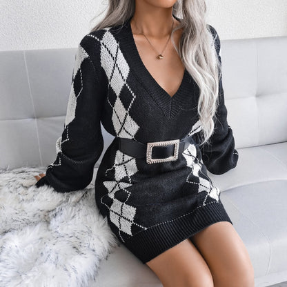 Gabriele | Damen Kuscheliges Rautengemustertes Strickkleid