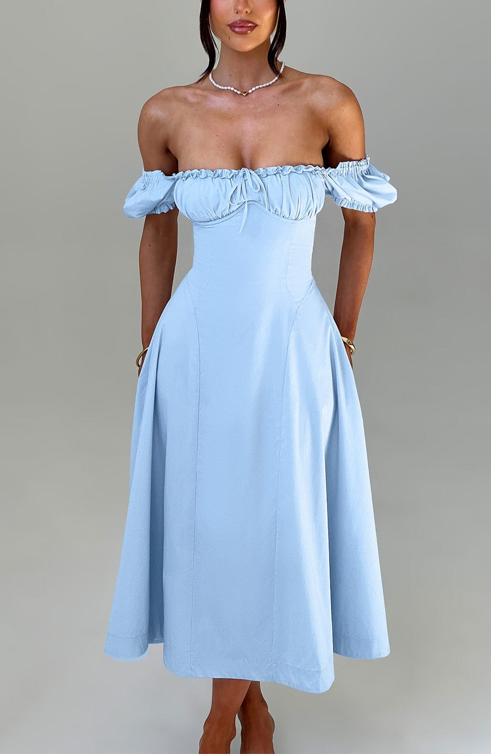 Gabriele | Damen Schulterfreies Tailliertes Midikleid