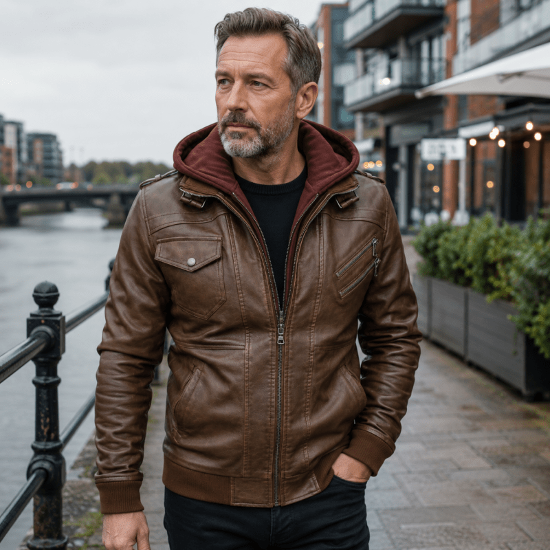 Stefan | Herren Klassische Biker Lederjacke mit Kapuze
