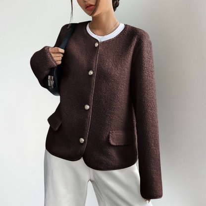 Helena | Damen Kragenlose Kurze Knopfjacke mit Taschen