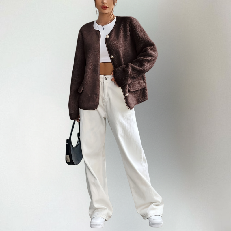 Helena | Damen Kragenlose Kurze Knopfjacke mit Taschen