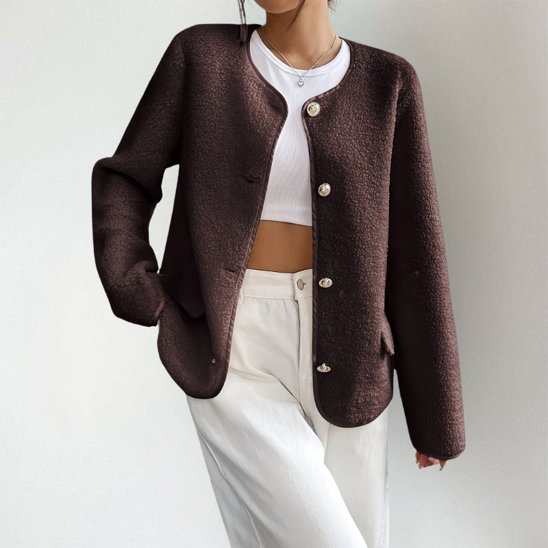 Helena | Damen Kragenlose Kurze Knopfjacke mit Taschen